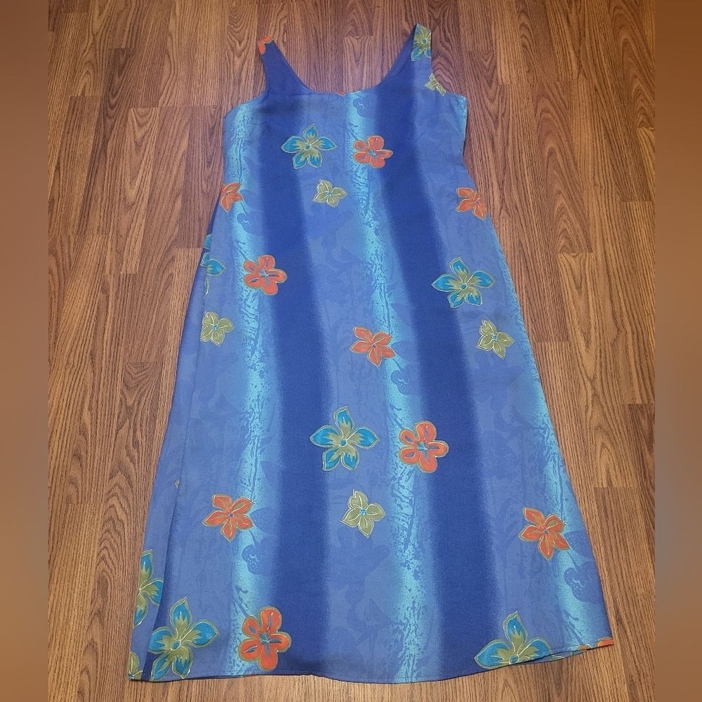 Vintage 80s Panache Floral Pleated Dress Blue Spring Size 14 Made in Canada A53